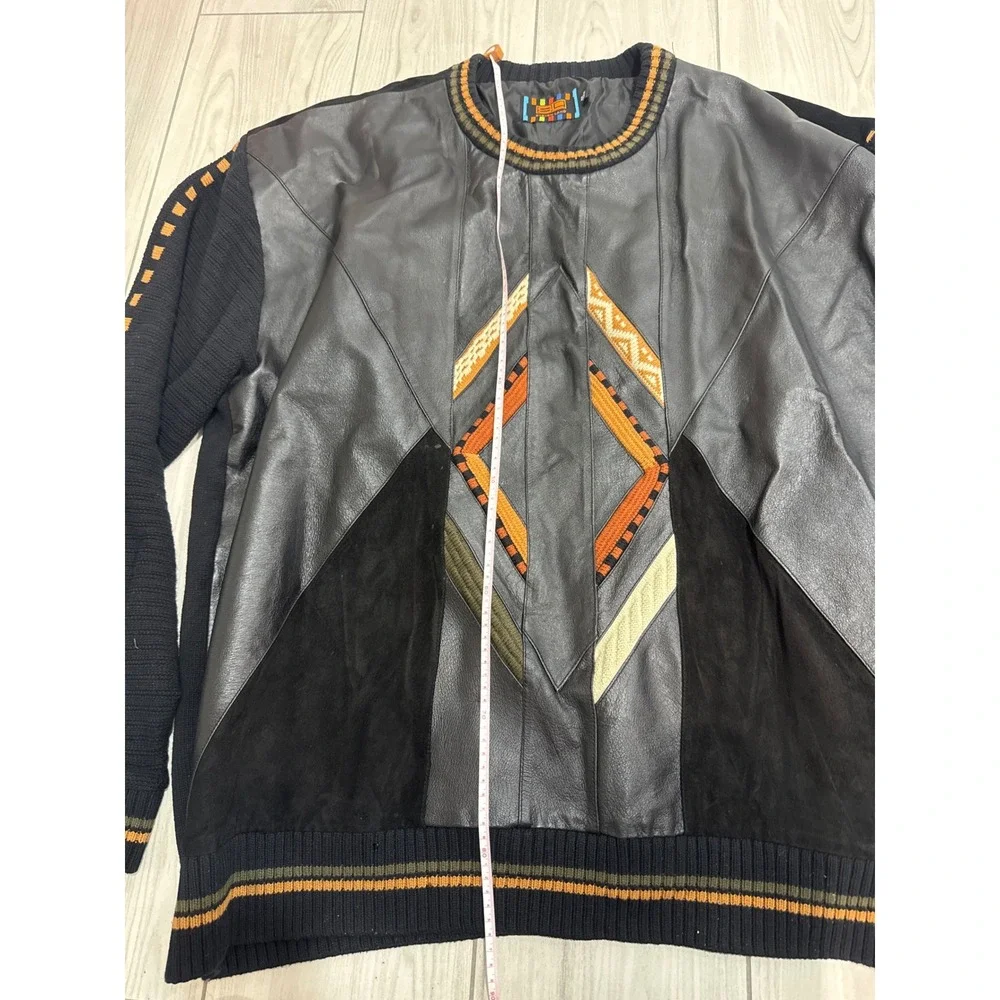 Steven Land Mens 4X Leather Suede Knit Mixed Media Sweater Black Orange Diamond
